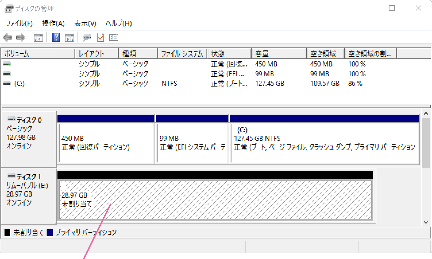ディスクの管理画面