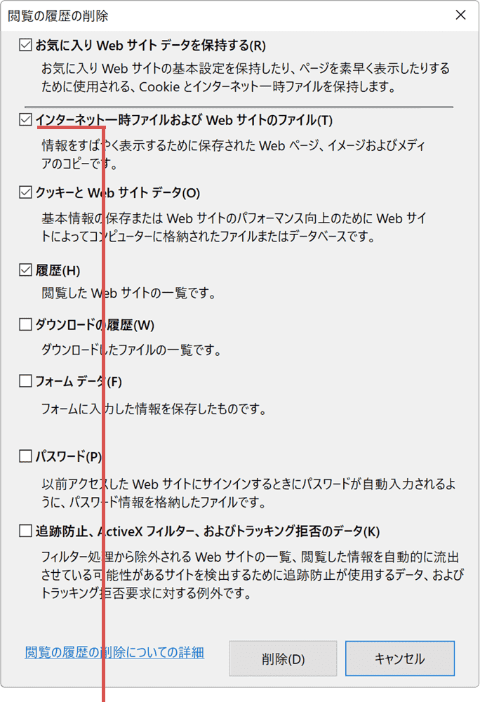 インターネット一時ファイルのみチェック