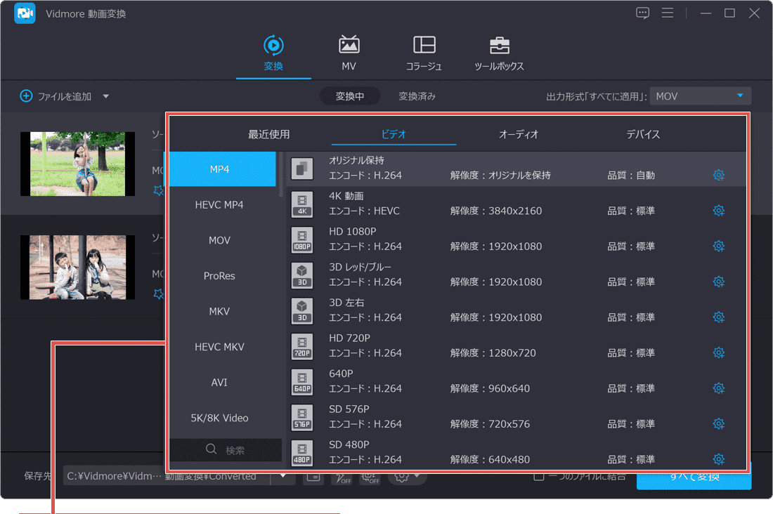 Vidmore 動画変換 変換フォーマットの選択