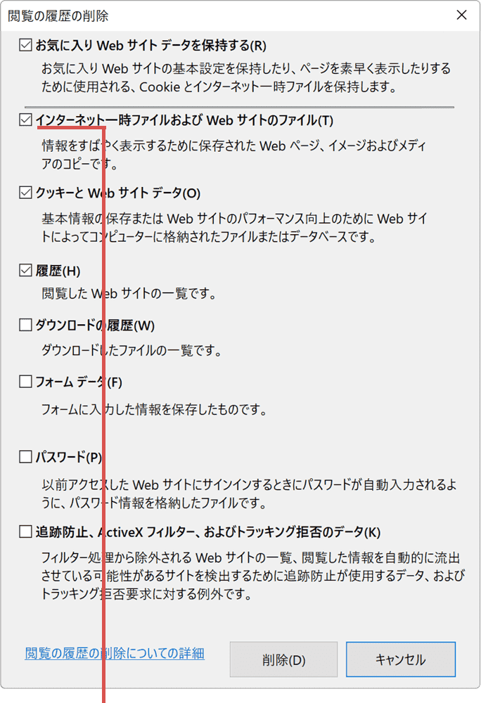 インターネット一時ファイルのみチェック