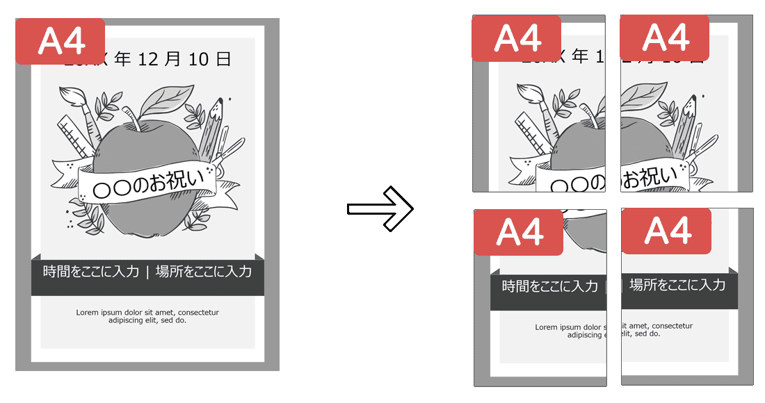 イメージ図：A4サイズのドキュメントを複数枚のA4用紙に分割して拡大印刷